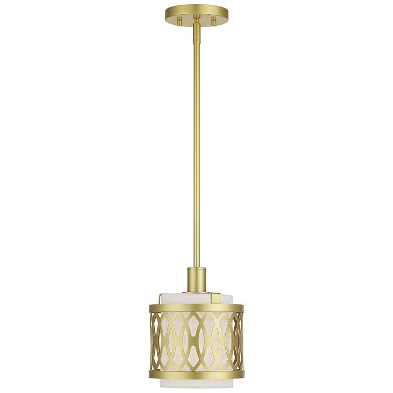 Image 1 Vistaview 1 Light Soft Gold Mini Pendant with Oatmeal Shade