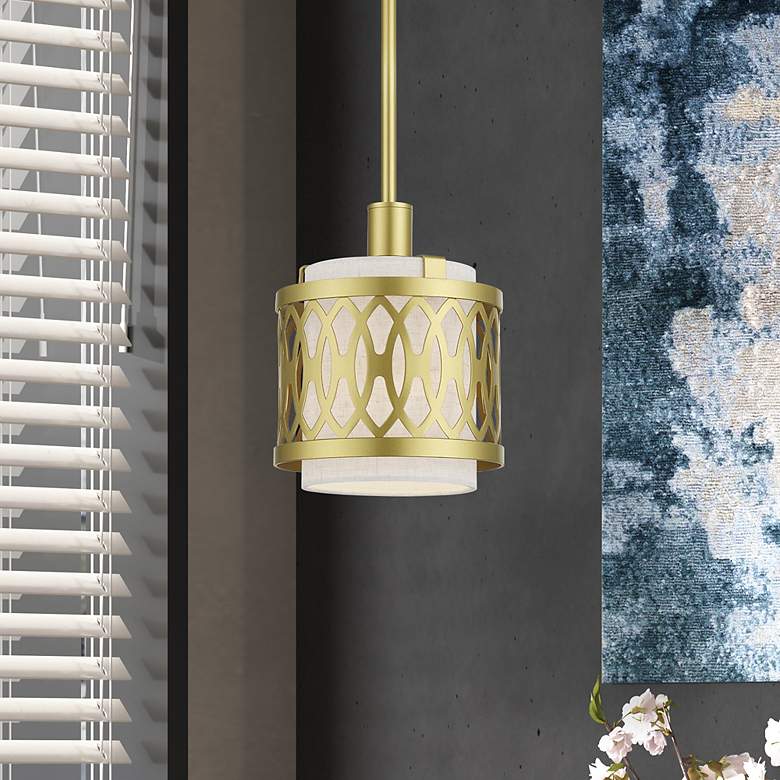 Image 1 Vistaview 1 Light Soft Gold Mini Pendant with Oatmeal Shade