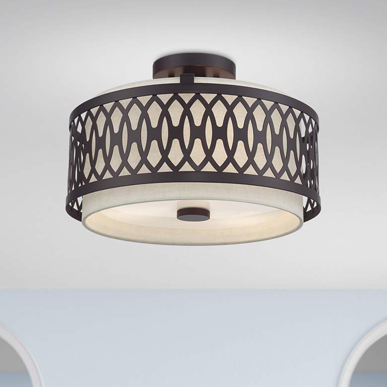 Image 1 Vistaview 3 Light English Bronze Large Semi-Flush with Oatmeal Shade
