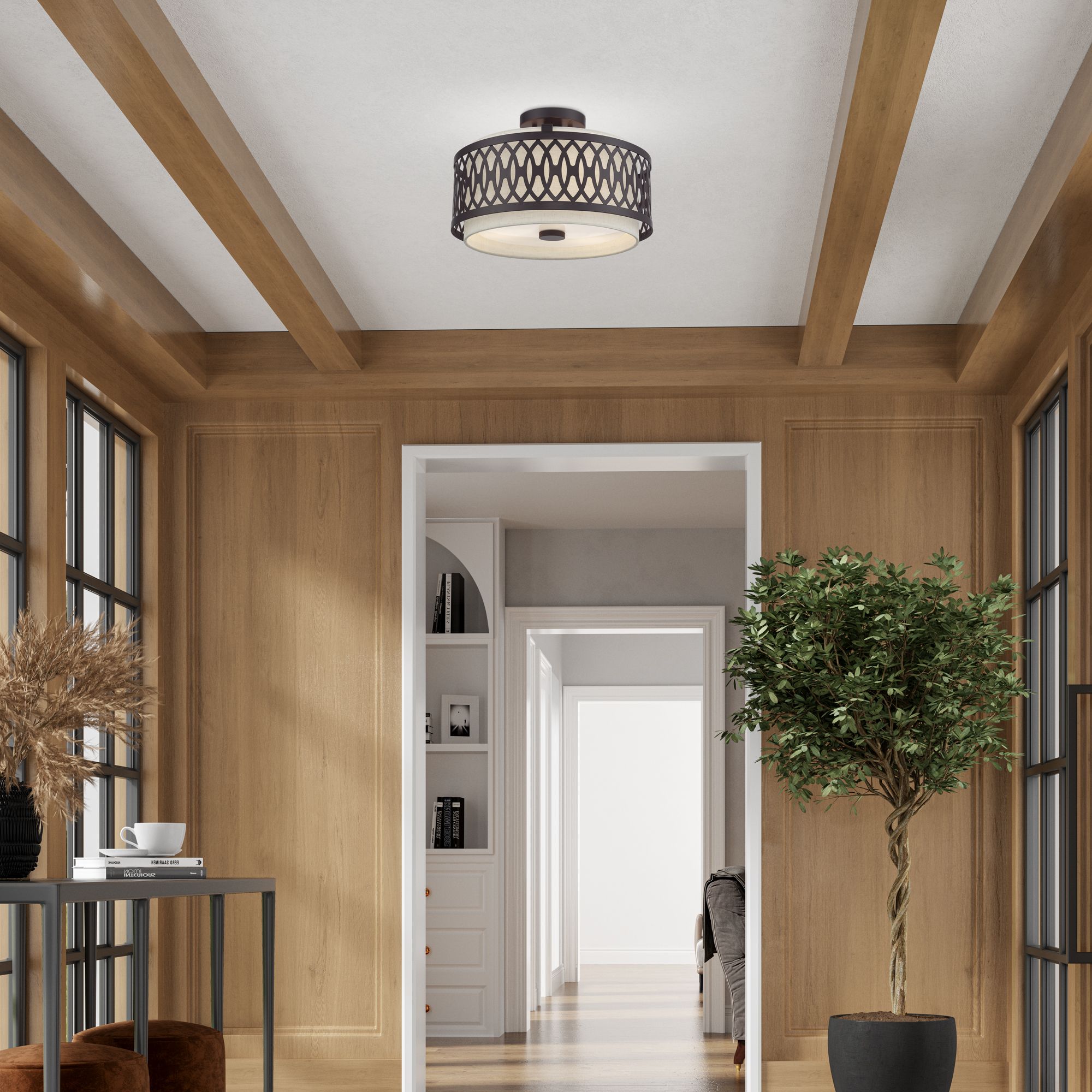 Vistaview 3 Light English Bronze Large Semi-Flush with Oatmeal Shade