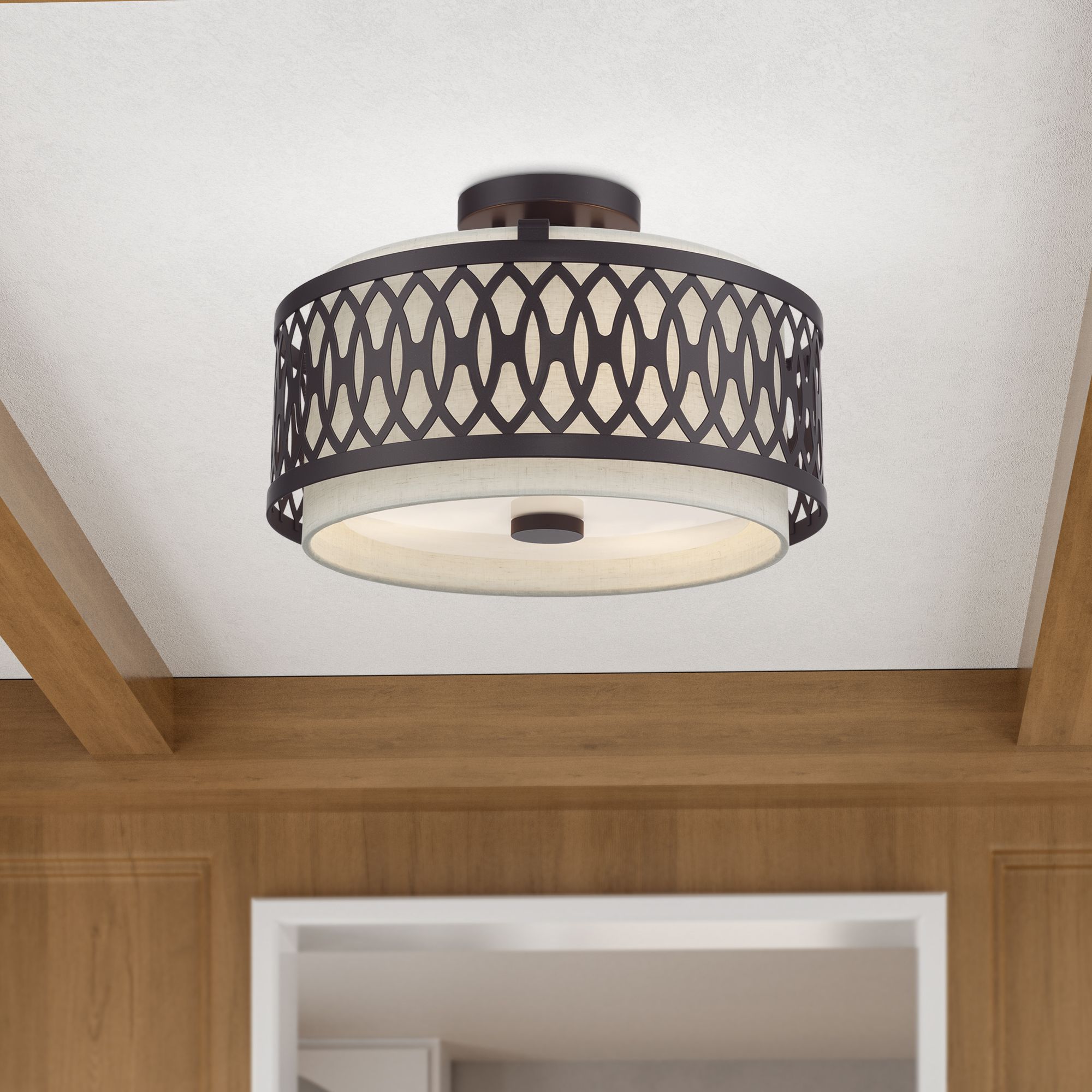 Vistaview 3 Light English Bronze Large Semi-Flush with Oatmeal Shade