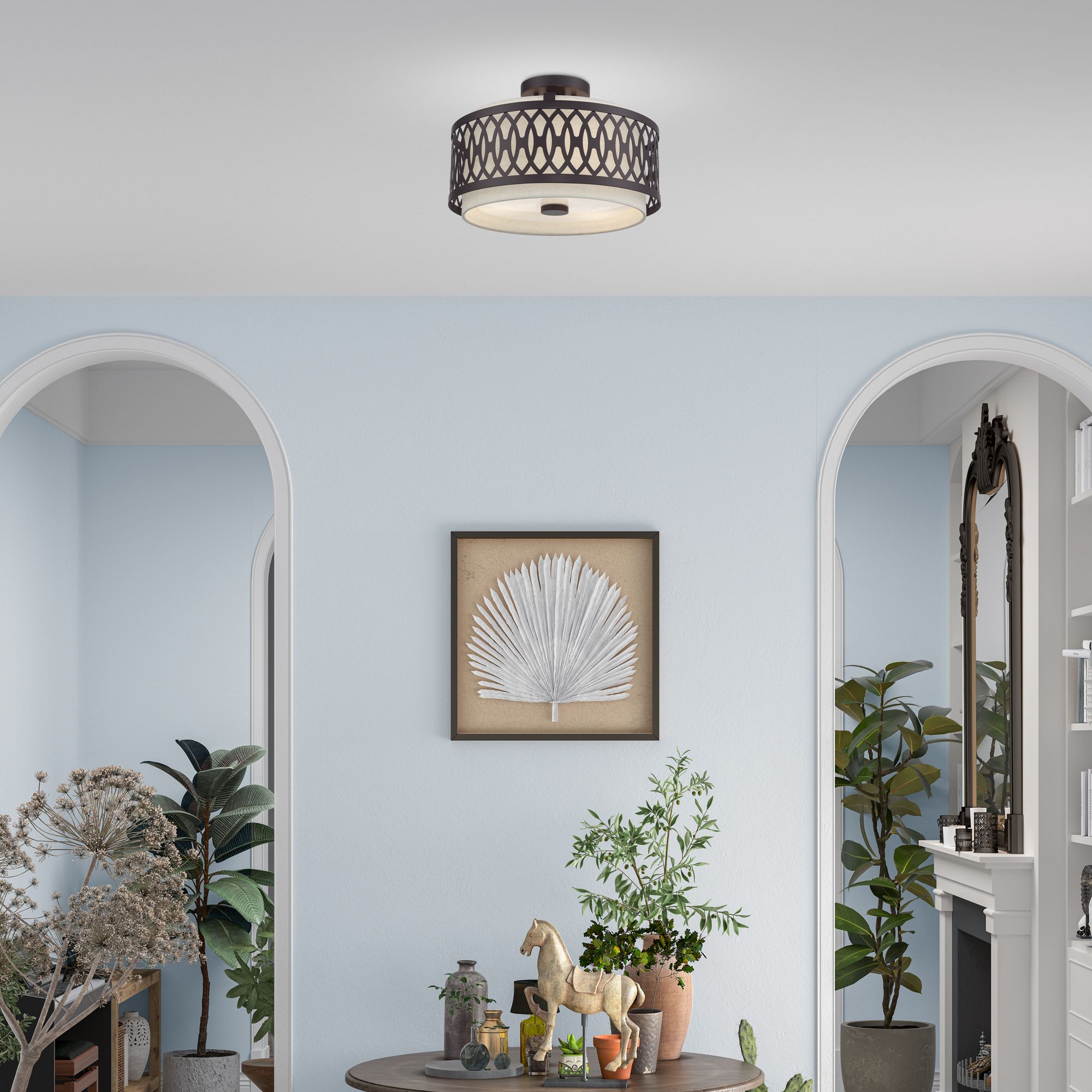Vistaview 3 Light English Bronze Large Semi-Flush with Oatmeal Shade