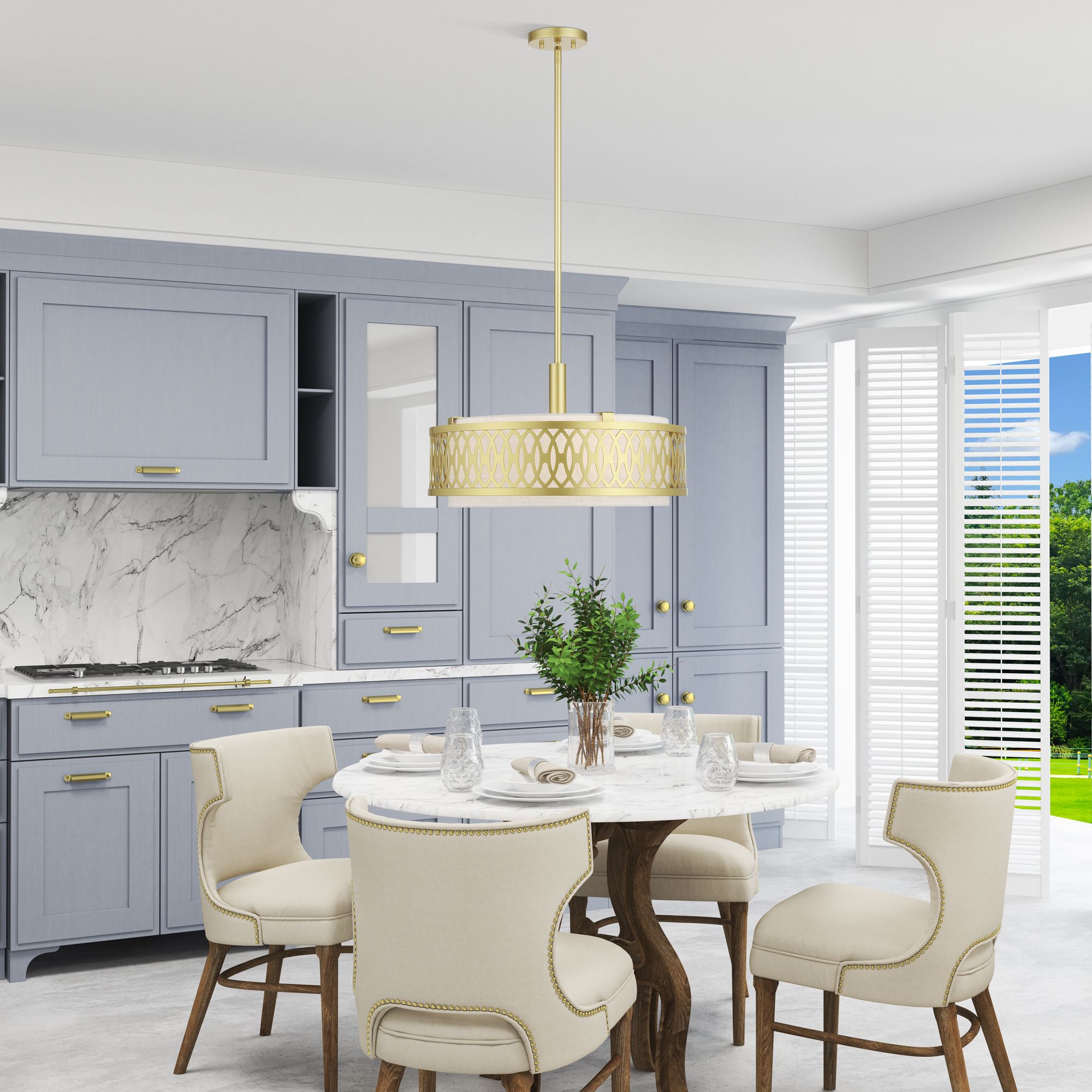 Vistaview 4 Light Soft Gold Pendant Chandelier with Oatmeal Shade