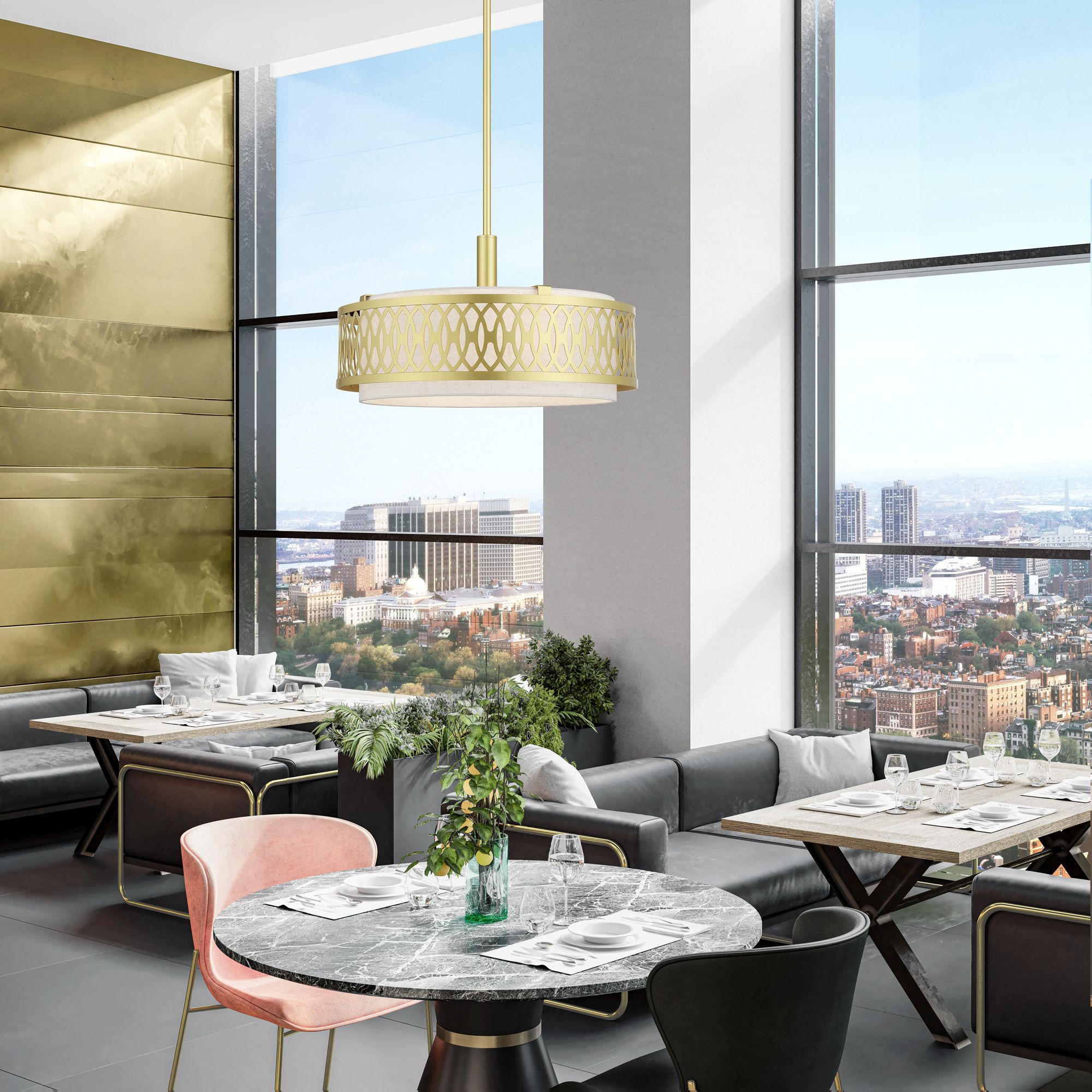 Vistaview 4 Light Soft Gold Pendant Chandelier with Oatmeal Shade