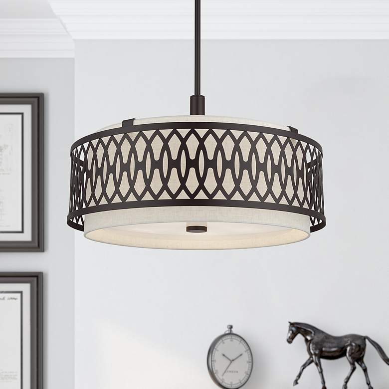 Image 1 Vistaview 5 Light English Bronze Pendant Chandelier with Oatmeal Shade