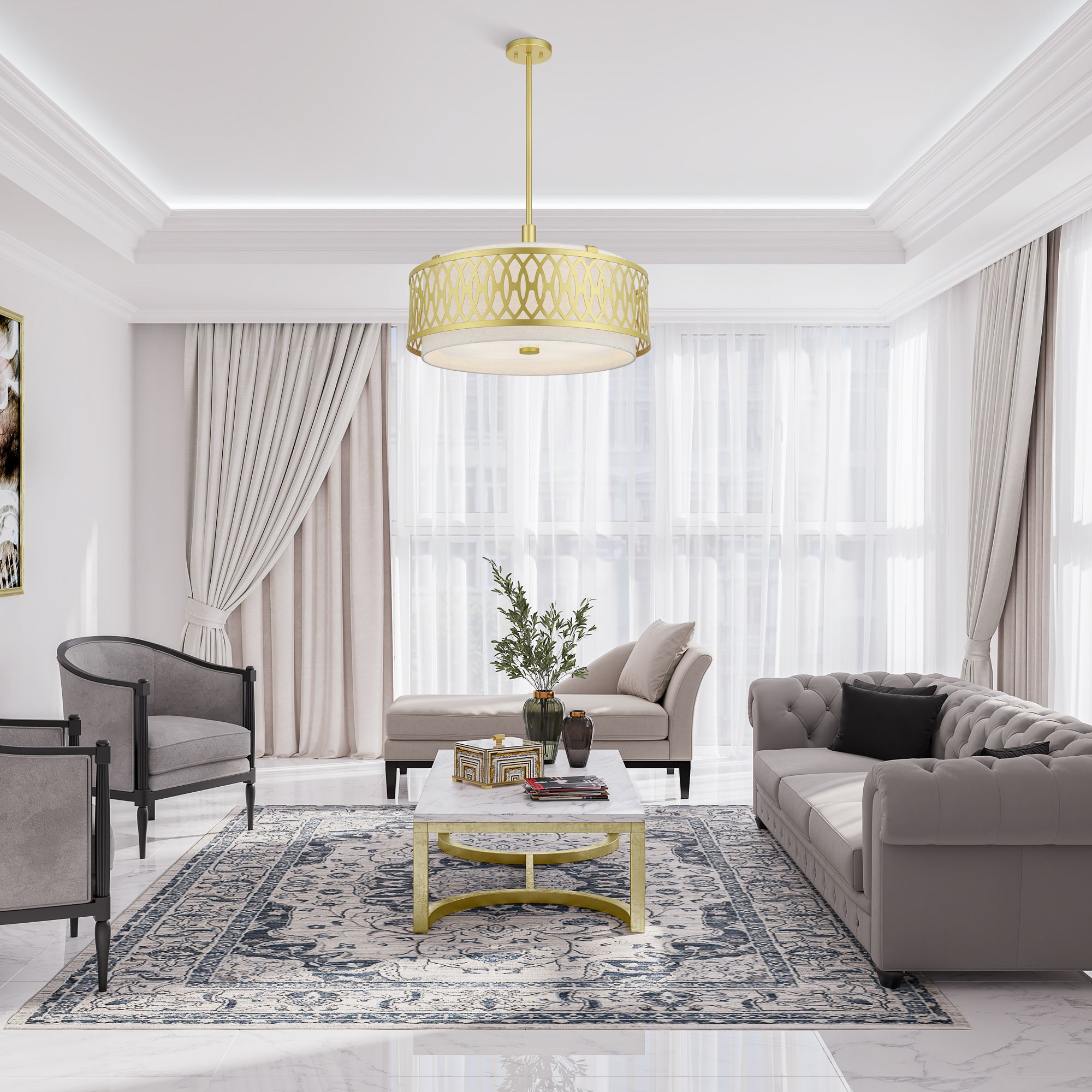 Vistaview 5 Light Soft Gold Pendant Chandelier with Oatmeal Shade