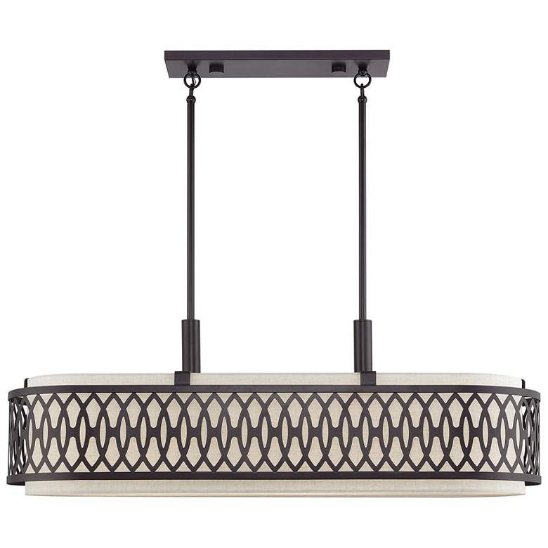 Image 1 Vistaview 6 Light English Bronze Large Linear Chandelier with Oatmeal Shade