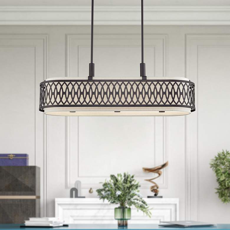 Image 1 Vistaview 6 Light English Bronze Large Linear Chandelier with Oatmeal Shade