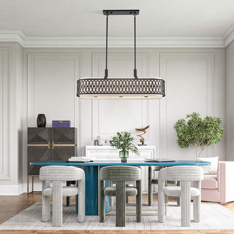 Image 4 Vistaview 6 Light English Bronze Large Linear Chandelier with Oatmeal Shade more views