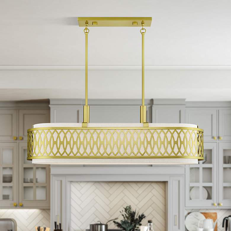 Image 1 Vistaview 6 Light Soft Gold Large Linear Chandelier with Oatmeal Shade