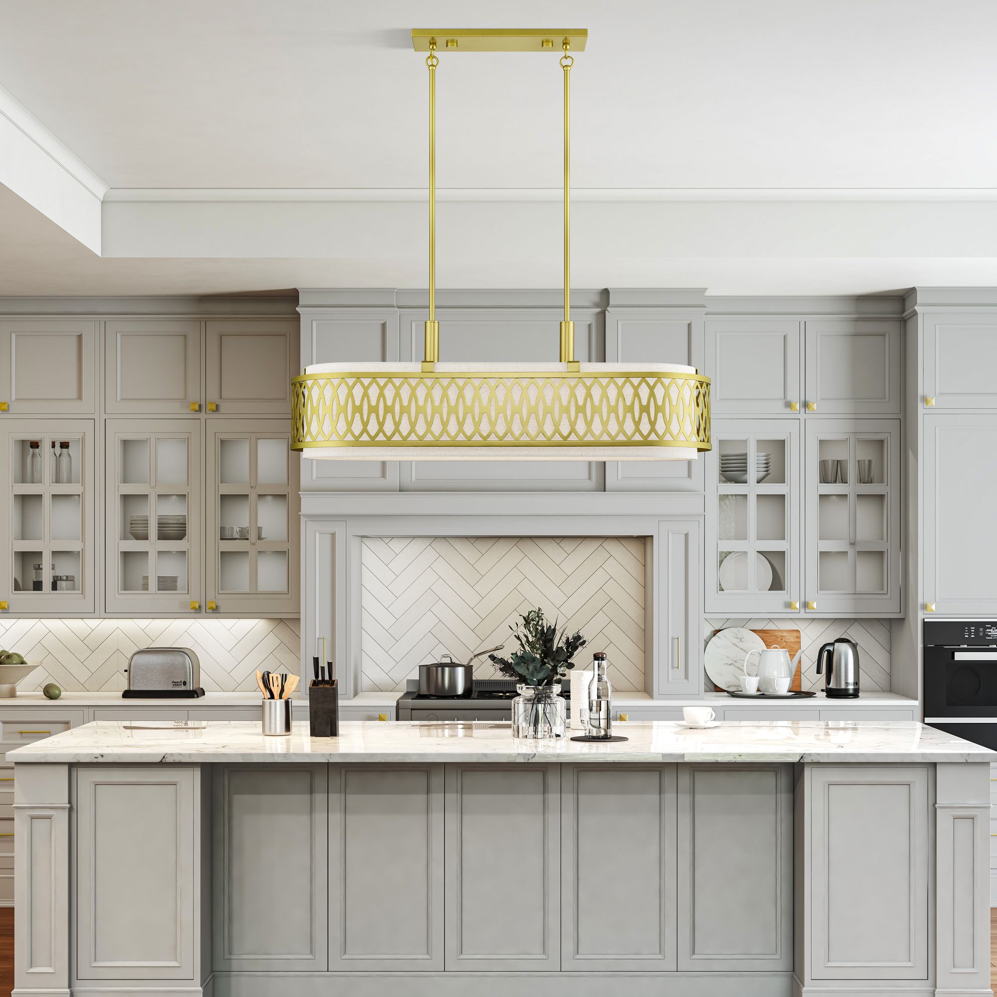 Vistaview 6 Light Soft Gold Large Linear Chandelier with Oatmeal Shade