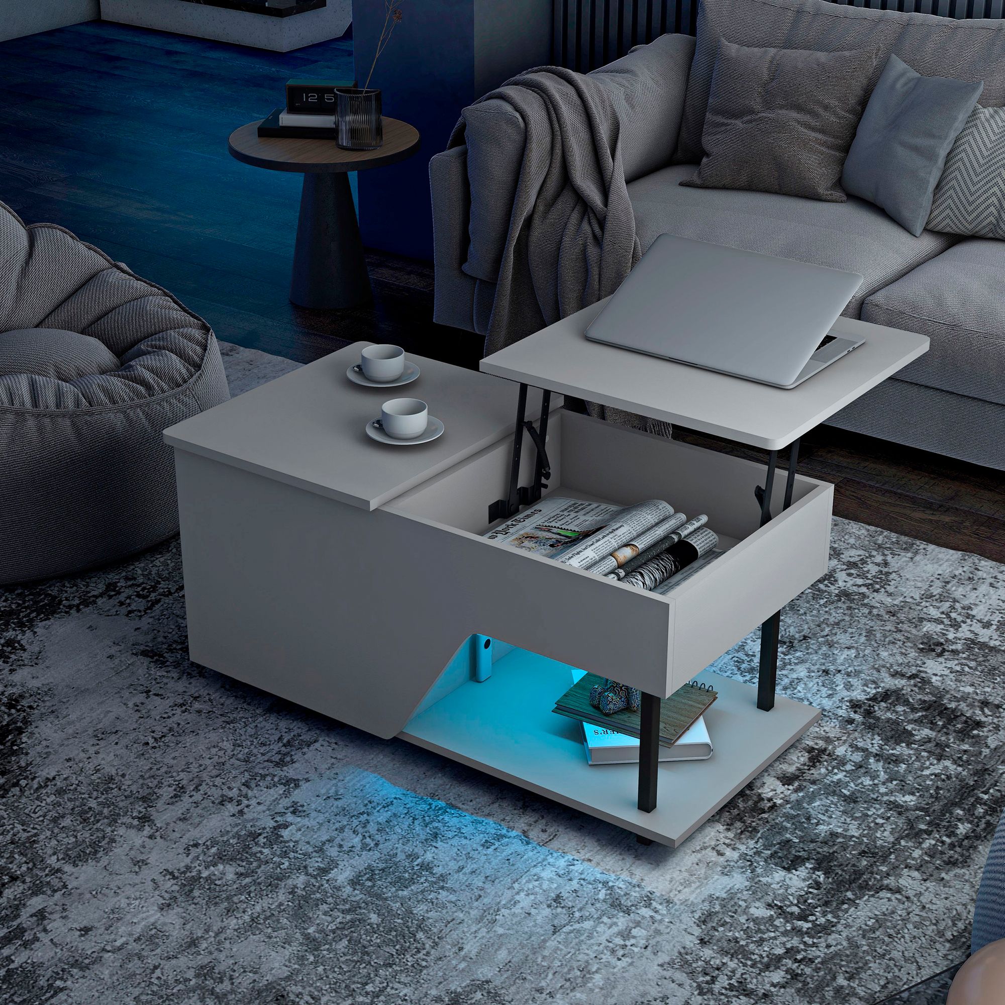 Vives 37 1/2"W White Lifted-Top Coffee Table with LED Lights