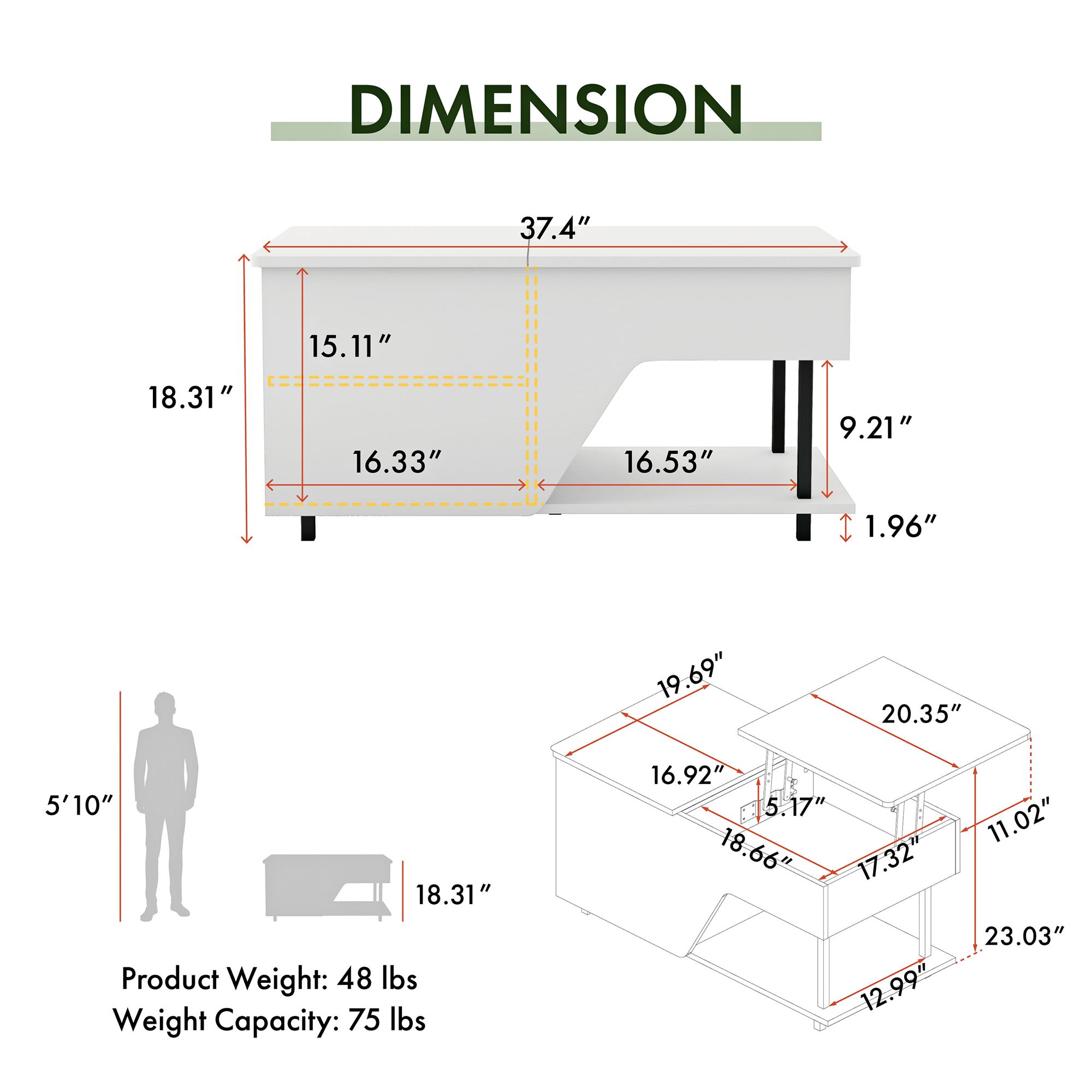 Vives 37 1/2"W White Lifted-Top Coffee Table with LED Lights