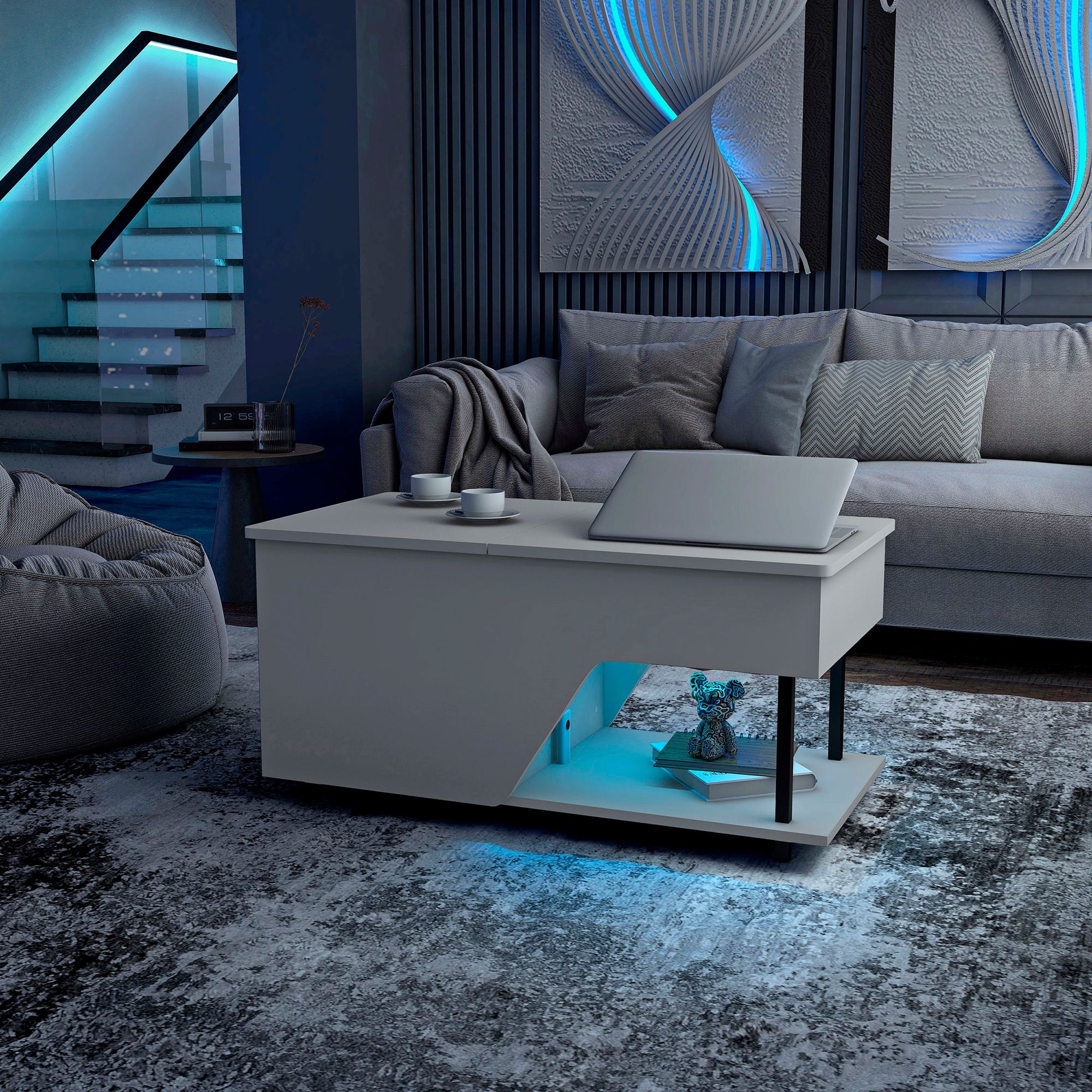 Vives 37 1/2"W White Lifted-Top Coffee Table with LED Lights