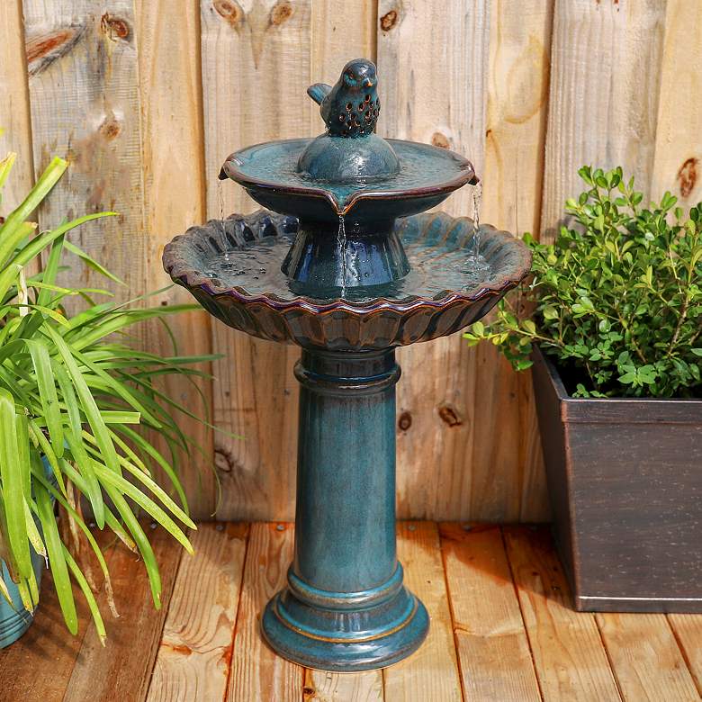 Image 1 Vogel 27 1/4 inch High Teal Blue Ceramic Bird Garden Fountain