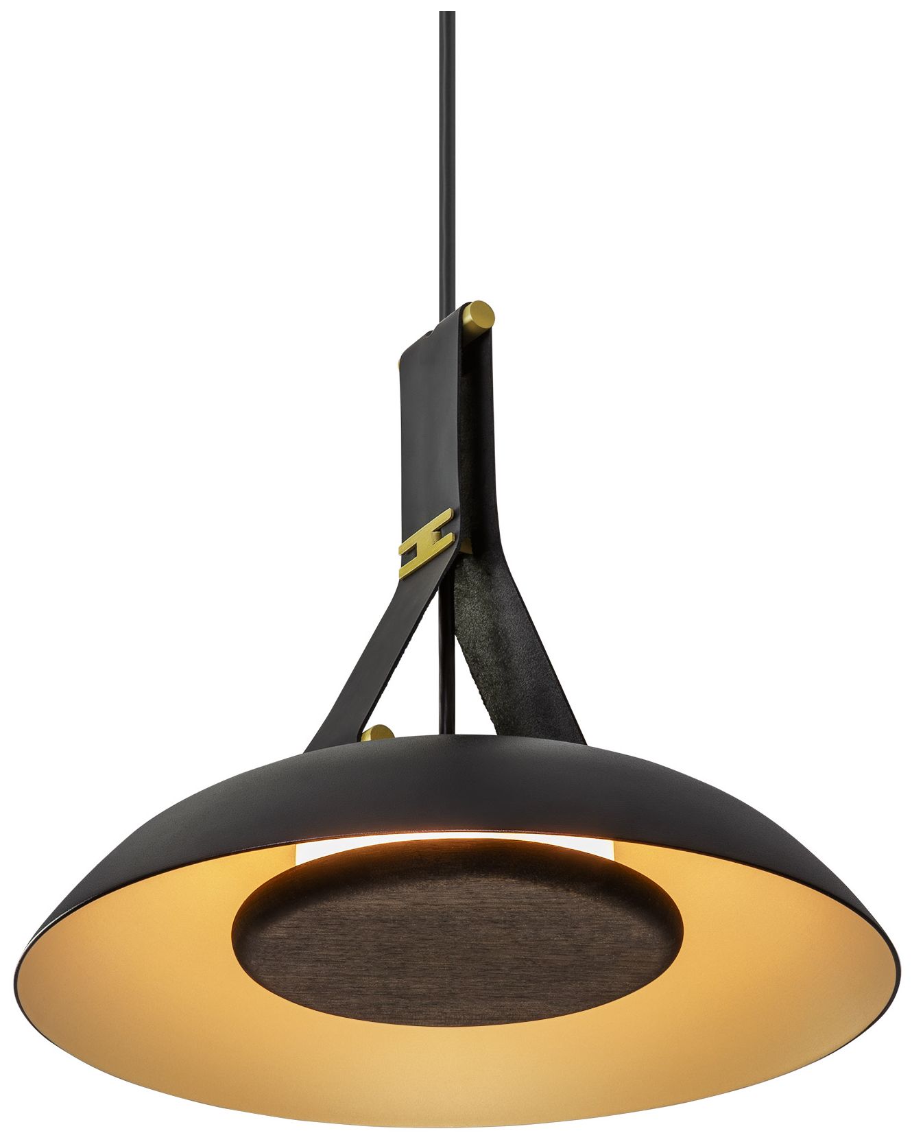 Volo 14" Noir Leather Dark Walnut LED Brass Pendant w/Black Made to Or
