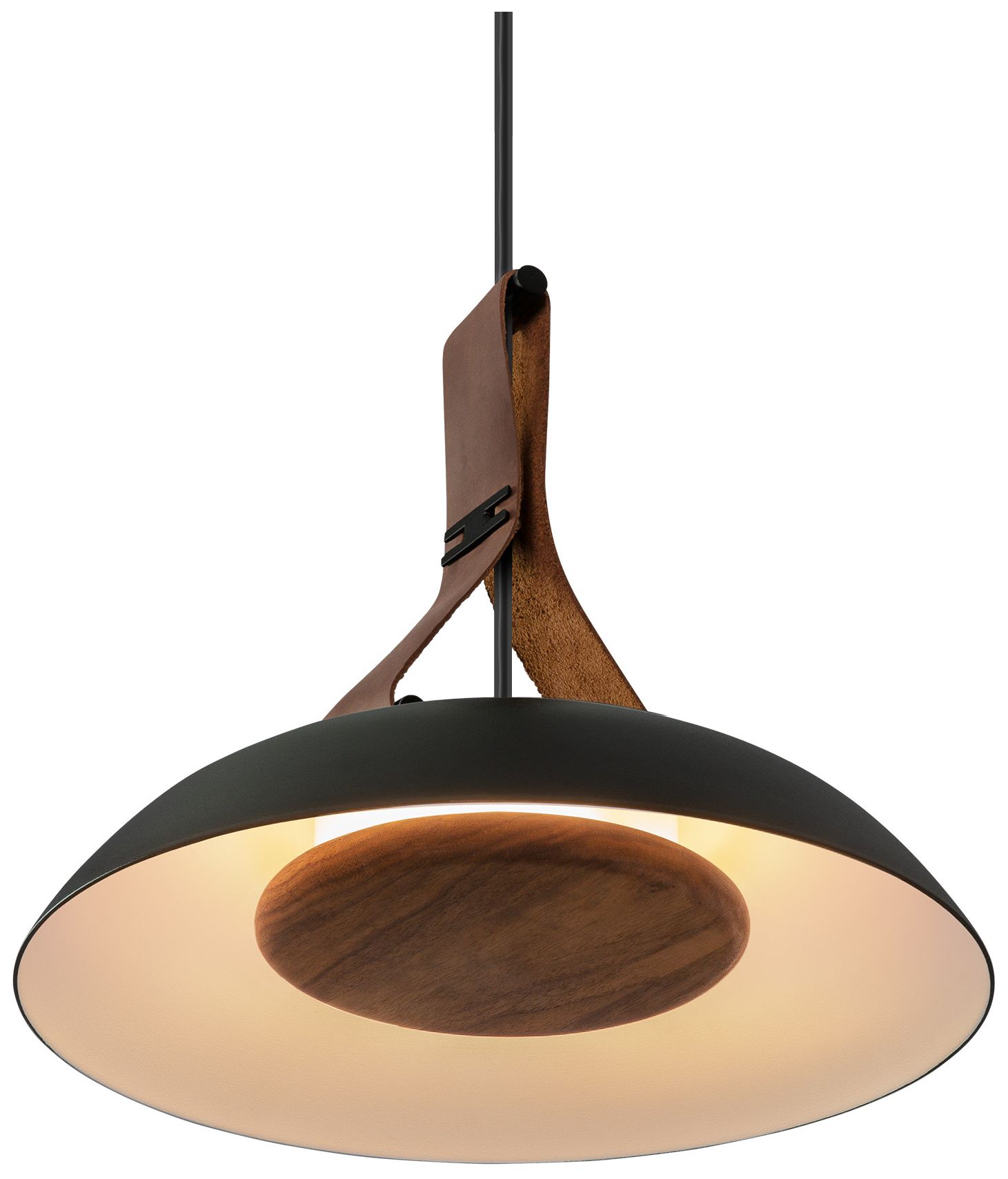 Volo 14"W Brown Leather &amp; Walnut LED Black Pendant w/Black Made to