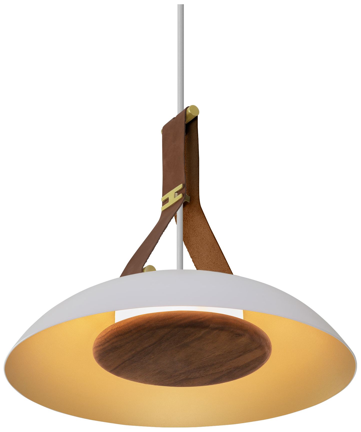 Volo 14"W Cava Brown Leather &amp; Walnut LED Brass Pendant Made to Or