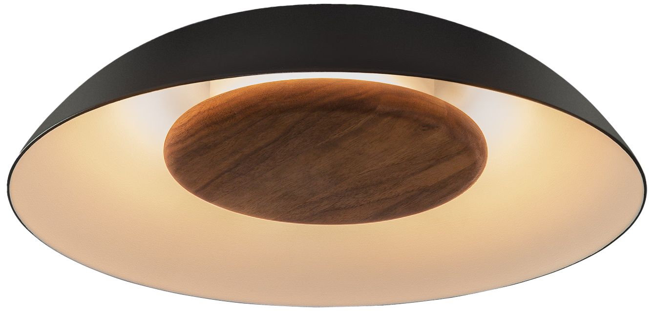 Volo 14"W Walnut Disc LED Brass Accents Flushmount w/Black Made to Ord