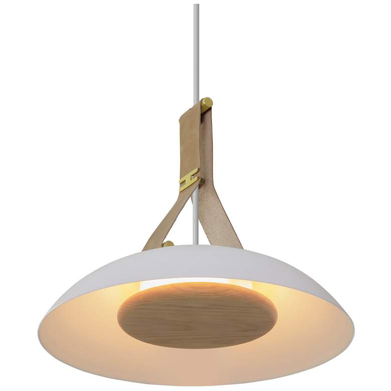 Image 1 Volo 14"W Blanc Tan Leather And White Oak LED Brass Pendant w/ White Shade