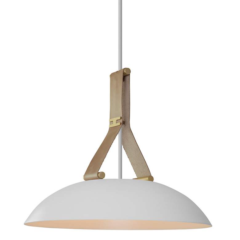 Image 2 Volo 14"W Blanc Tan Leather And White Oak LED Brass Pendant w/ White Shade more views