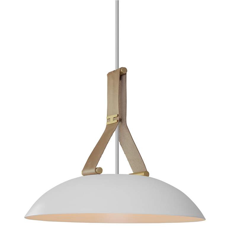 Image 2 Volo 14"W Blanc Tan Leather And White Oak LED Brass Pendant w/ White Shade more views