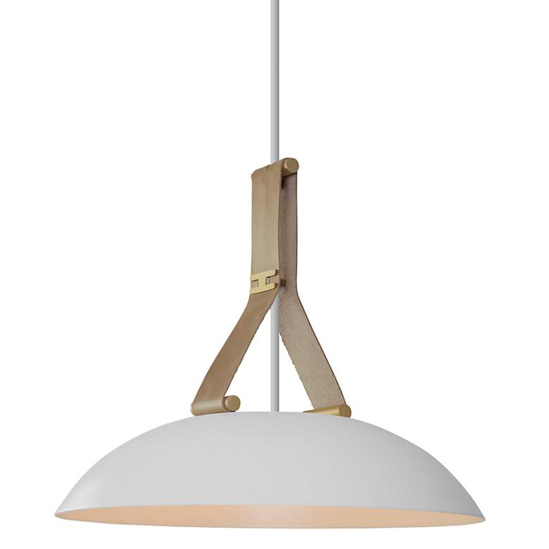 Image 2 Volo 14"W Blanc Tan Leather And White Oak LED Brass Pendant w/ White Shade more views