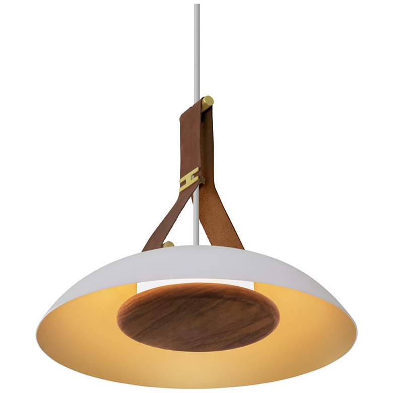 Image 1 Volo 14"W Cava Brown Leather And Walnut LED Brass Pendant w/ White Shade