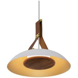 Volo 14"W Cava Brown Leather And Walnut LED Brass Pendant w/ White Shade