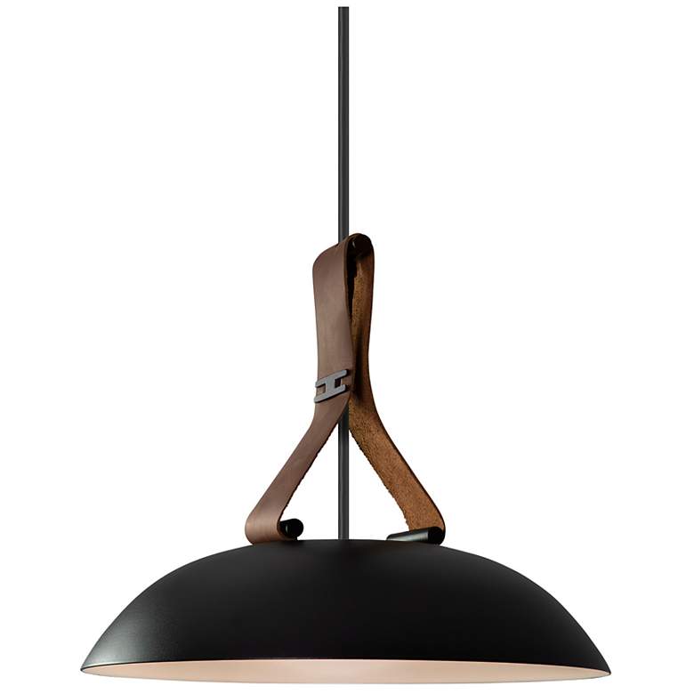 Image 2 Volo 14"W Deux Brown Leather And Walnut LED Black Pendant w/ Black Shade more views