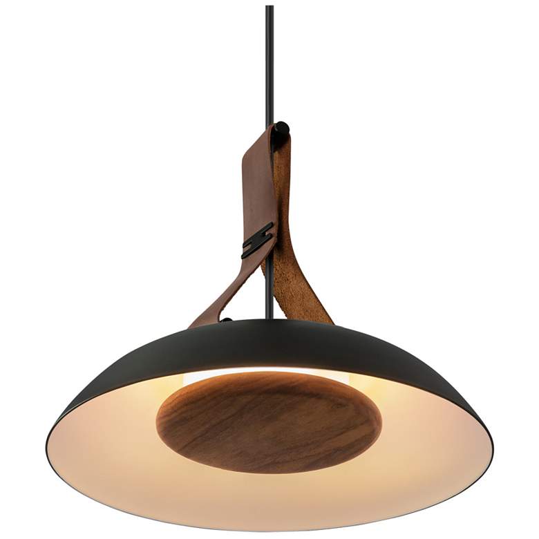 Image 1 Volo 14"W Deux Brown Leather And Walnut LED Black Pendant w/ Black Shade