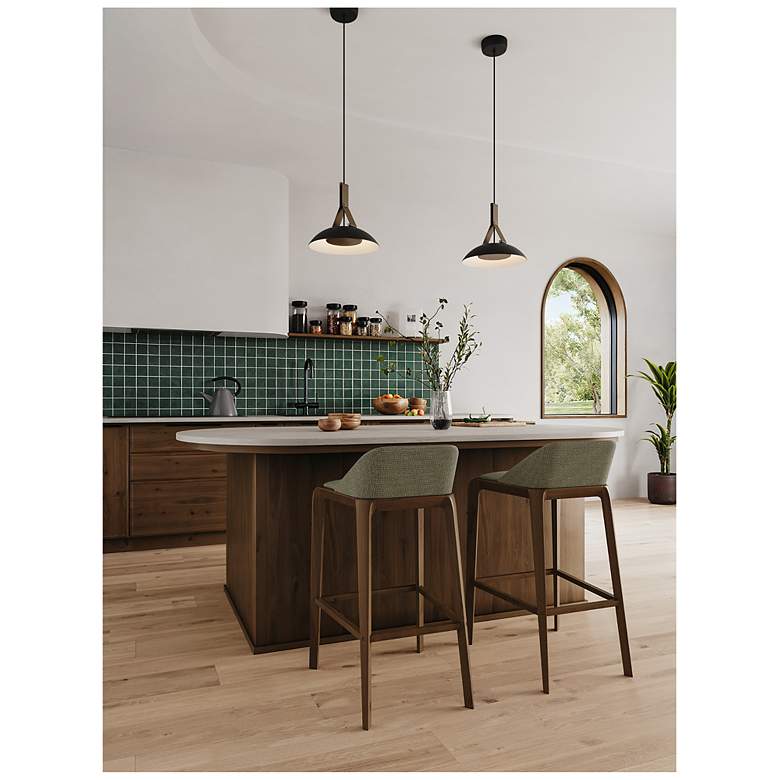 Image 3 Volo 14"W Deux Brown Leather And Walnut LED Black Pendant w/ Black Shade more views