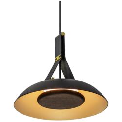 Volo 14"W Noir Leather And Dark Walnut LED Brass Pendant w/ Black Shade