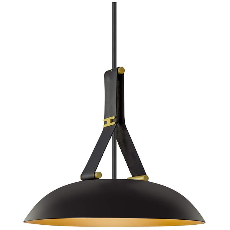 Image 2 Volo 14"W Noir Leather And Dark Walnut LED Brass Pendant w/ Black Shade more views