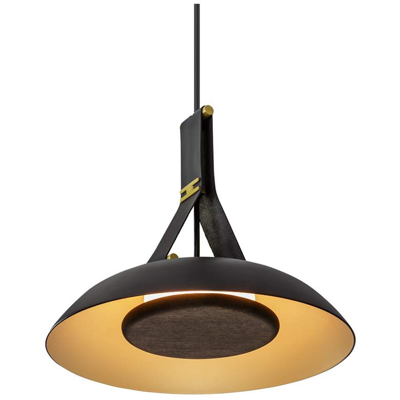 Image 1 Volo 14"W Noir Leather And Dark Walnut LED Brass Pendant w/ Black Shade