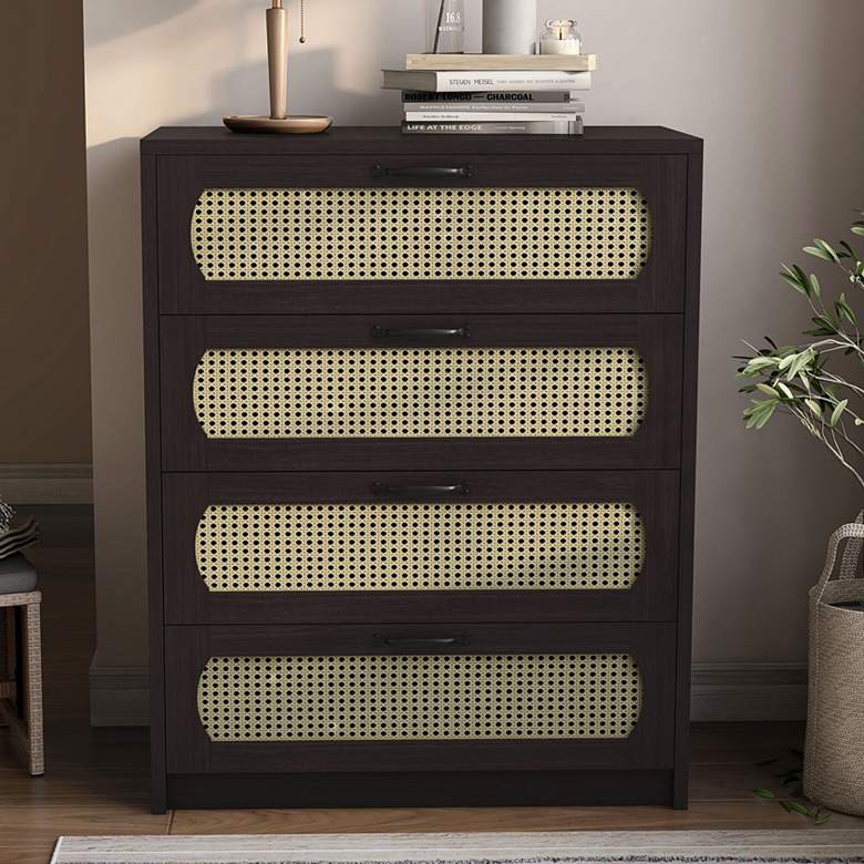 Image 1 Volpey 31 1/2" Wide Espresso Wood Rattan 4-Drawer Chest