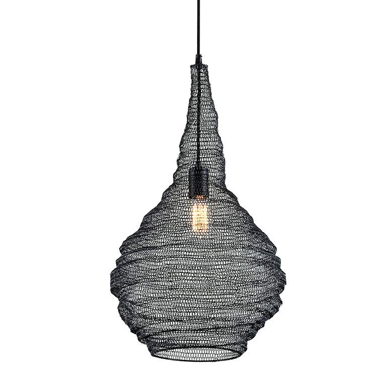 Image 2 Wabi Sabi 16 inchW Black Pendant Light w/ Black Iron Mesh Shade