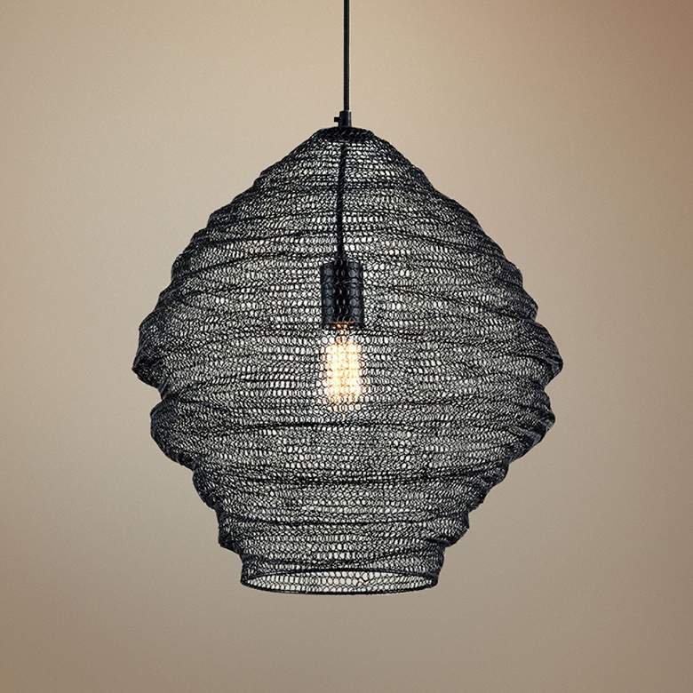 Image 1 Wabi Sabi 18" Wide Black Pendant Light w/ Black Iron Mesh Shade