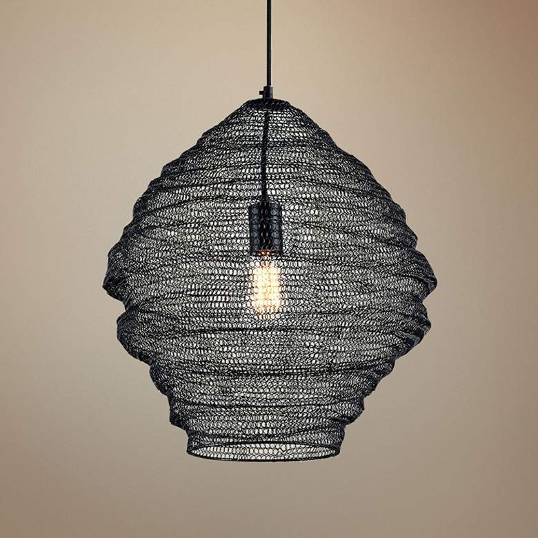 Image 1 Wabi Sabi 18 inch Wide Black Pendant Light w/ Black Iron Mesh Shade