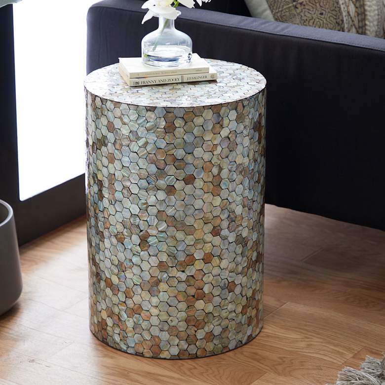 Image 1 Waive 14 inch Wide White Beige Brown Mosaic Round Accent Table