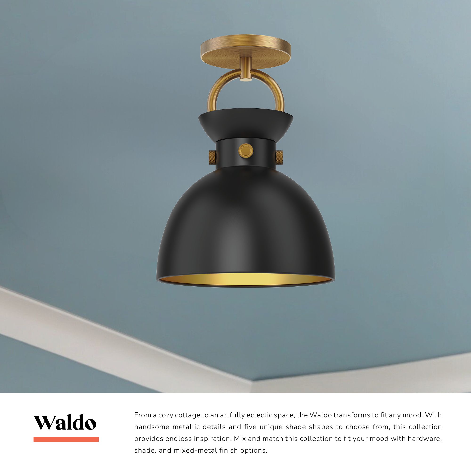Image 3 Waldo 8 3/4"W Matte Black and Aged Gold Ceiling Light more views