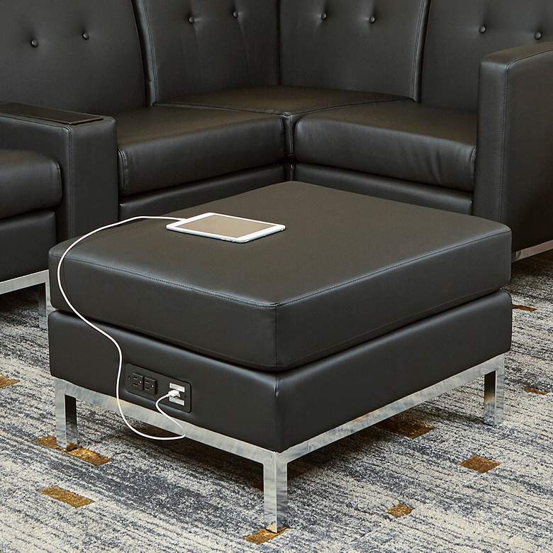 Image 1 Wall Street Black Faux Leather AC and USB Charging Ottoman