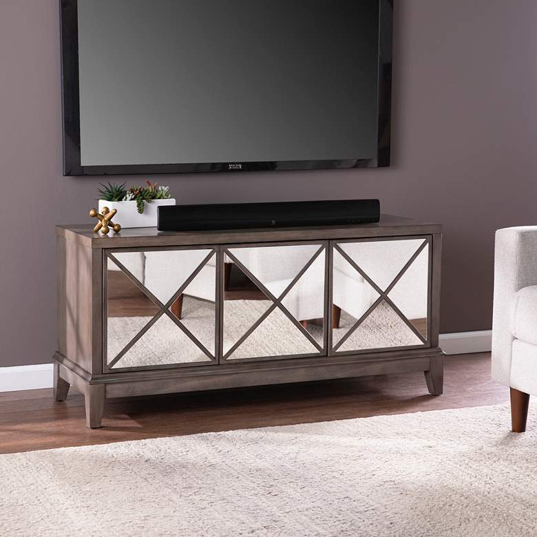 Image 1 Wallaston 50" Wide Brown Wood 3-Door Mirrored Media Cabinet