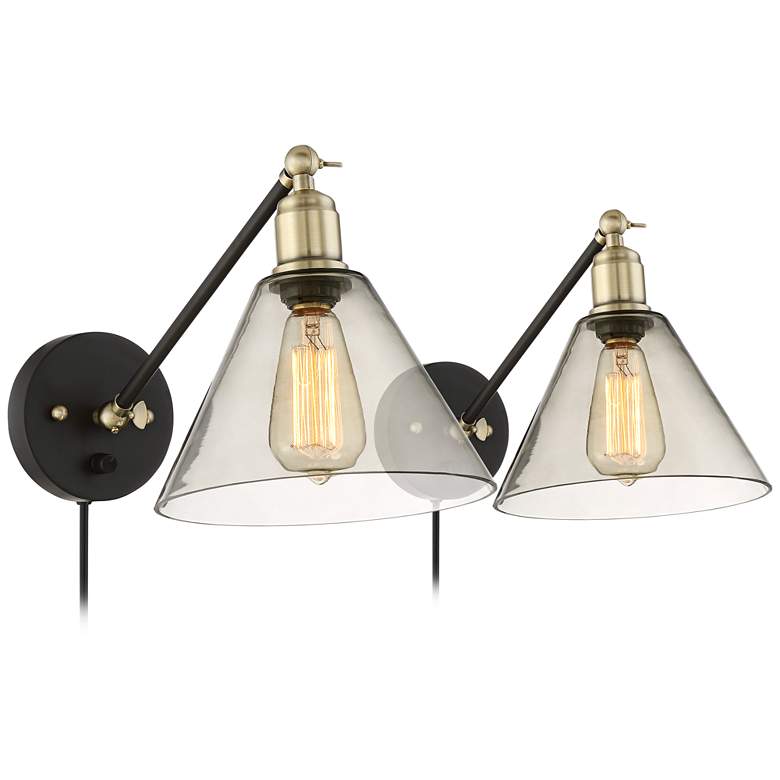 Image 1 Waller Black and Brass Plug-In Wall Lamp Set of 2