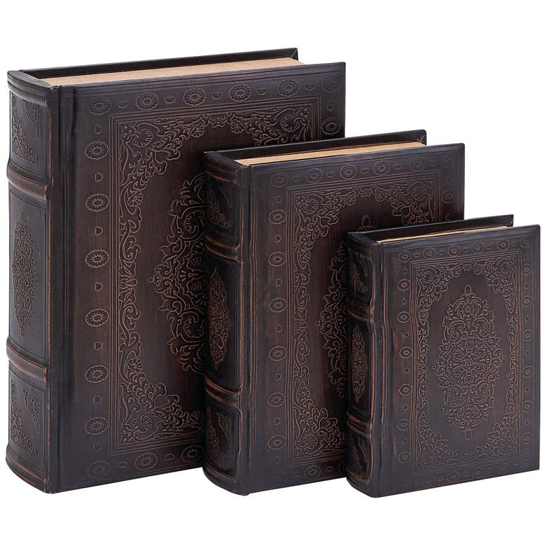 Walnut Brown and Maroon Wood Leather Book Boxes - Set of 3
