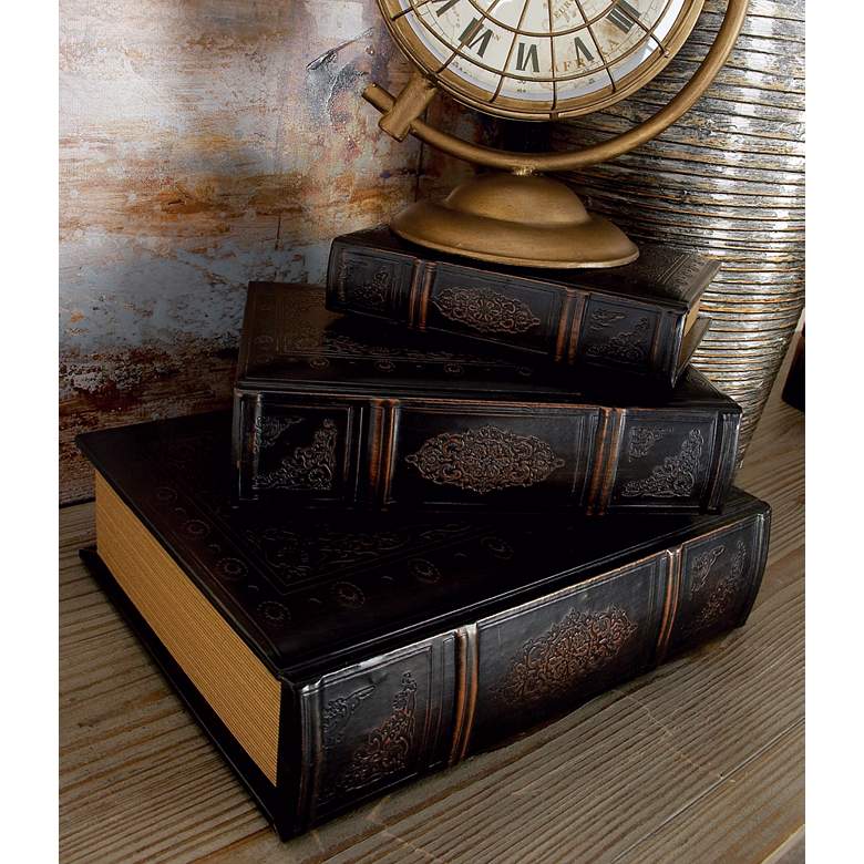 Image 1 Walnut Brown and Maroon Wood Leather Book Boxes - Set of 3