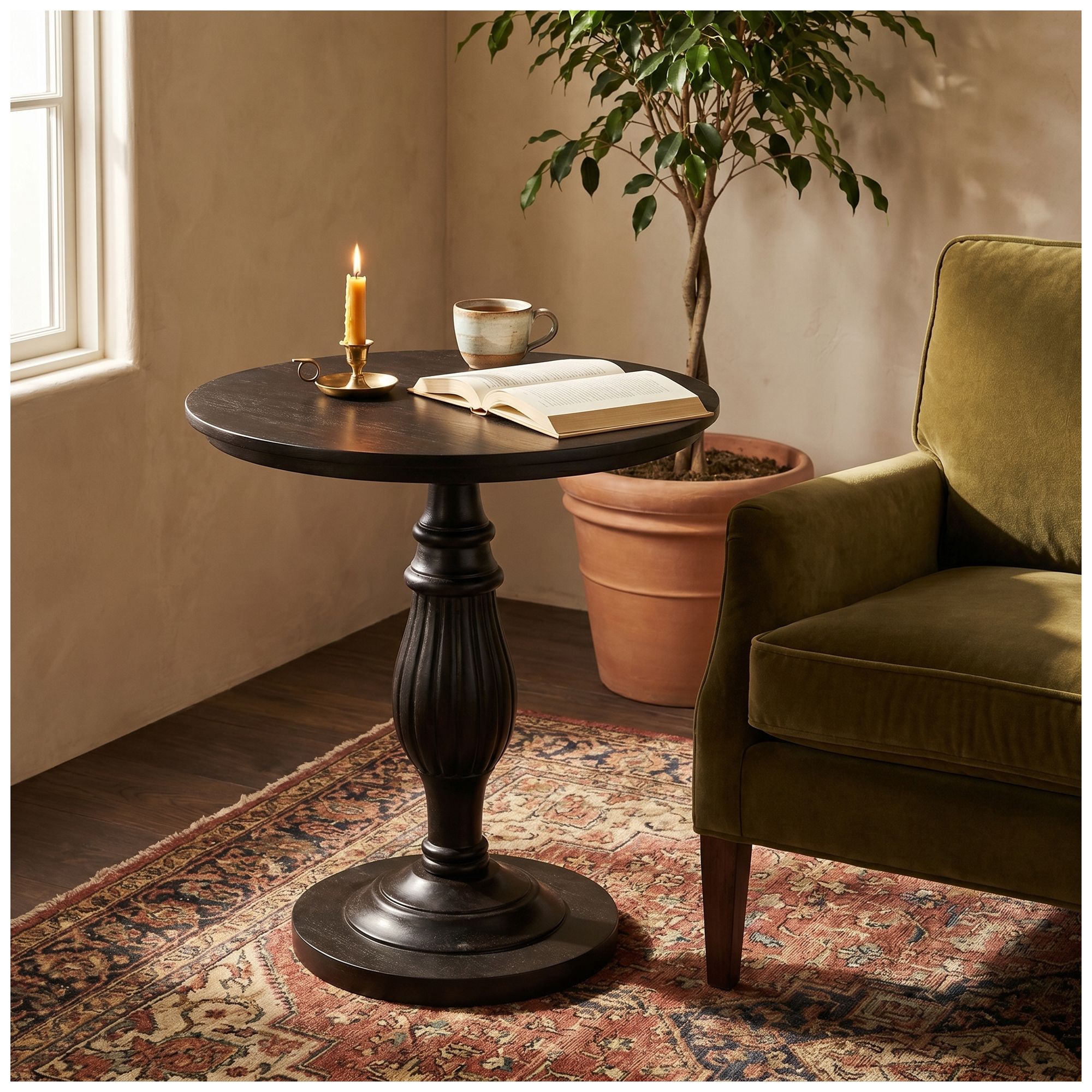 Image 2 Walnut-Finished Mango Wood Table with Turned Pedestal more views