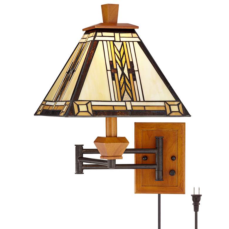 Image 2 Walnut Mission Tiffany Style Adjustable Swing Arm Plug-In Wall Lamp