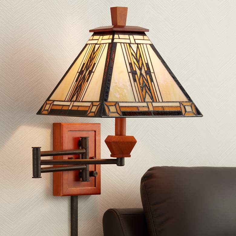Image 1 Walnut Mission Tiffany Style Adjustable Swing Arm Plug-In Wall Lamp