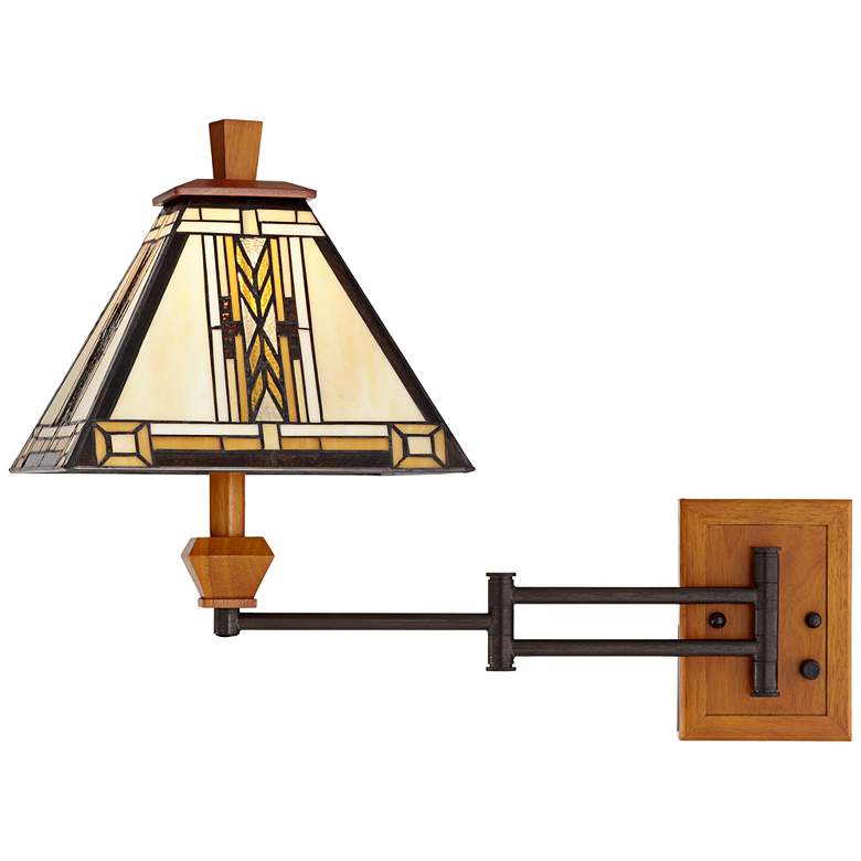 Image 6 Walnut Mission Tiffany Style Adjustable Swing Arm Plug-In Wall Lamp more views